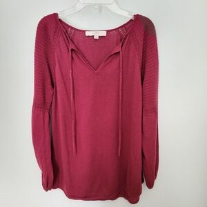 Loft Women Large Petite LP Long Sleeve‎ Crochet V Neck Lightweight Sweater Boho